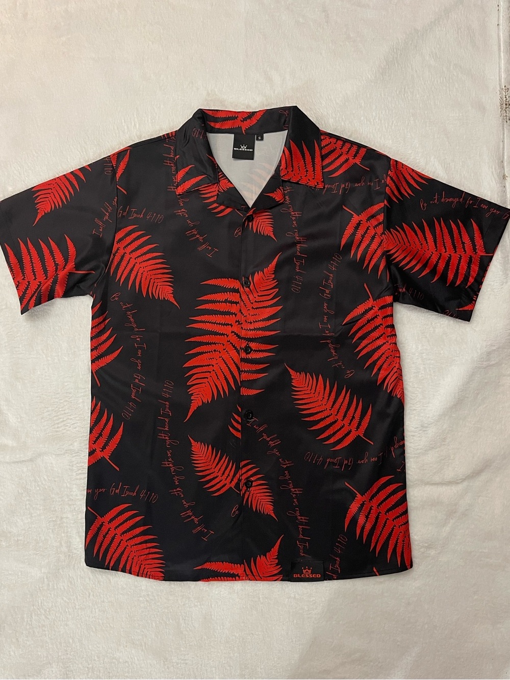 BLESSED (Hawaii) Casual Button-Down Aloha Shirt - Black with Red Fern Print